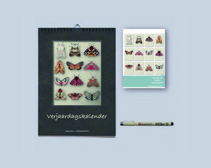 Birthday calendar moths, 12 greeting cards, pen