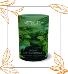  Organic peppermint tea, refreshing and soothing, with a vibrant green color and fresh mint aroma.
