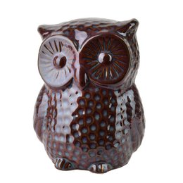  A ceramic owl-shaped piggy bank with a textured, mottled brown glaze. The bank has a round, bulbous body and large, expressive eyes.