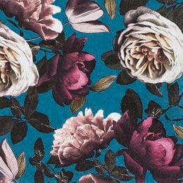 Elegant floral napkins in shades of pink, white, and blue with rose and peony designs.