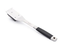 Long stainless steel barbecue grill brush with black handle, designed for cleaning grill grates.