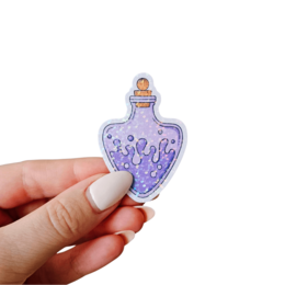 Holographic sticker depicting a purple potion bottle with bubbles. The sticker has a whimsical, magical aesthetic and would be suitable for decorative or craft purposes.