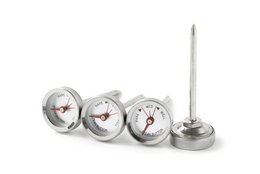 Stainless steel mechanical meat thermometer set with 4 pieces, including a temperature gauge, dial, and probe. Suitable for monitoring cooking temperatures.