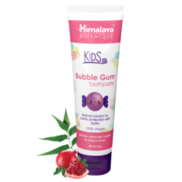  "Kids bubble gum flavored toothpaste, pink and purple tube, natural ingredients, children's oral care"