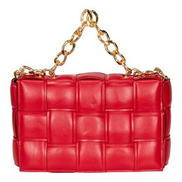 A red, woven leather shoulder bag with a gold chain strap.