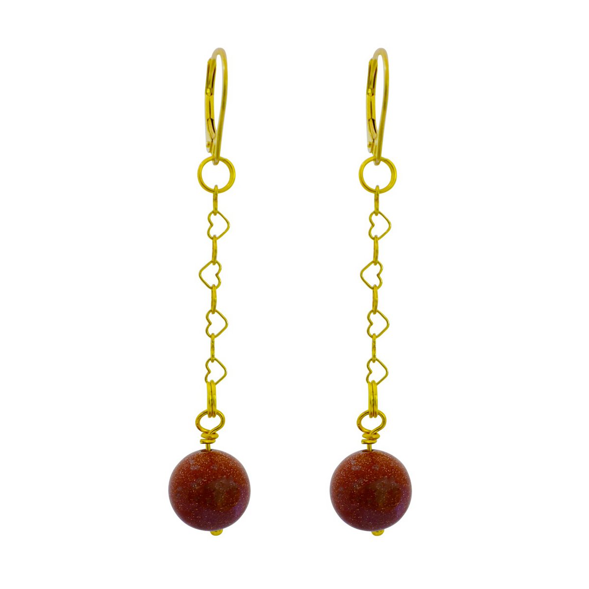 Brown Goldstone and Yellow Gold Vermeil Earrings, Heart Chain Earrings, Bloom Collection | by nlanlaVictory
