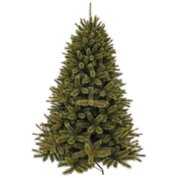 Tall, full, green artificial Christmas tree with realistic pine needles and branches. Suitable for indoor or outdoor use.