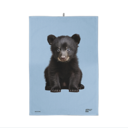 Soft, absorbent 100% cotton tea towel featuring a cute black bear cub in a pastel blue or white background. Ideal for kitchen use or as a decorative accent.