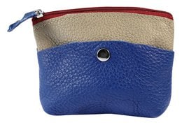 Genuine leather key pouch, blue red beige color block design, textured material, small compact wallet pouch