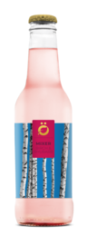 A glass bottle containing a pink, carbonated beverage with a cork stopper and a label featuring colorful stripes and a red emblem.