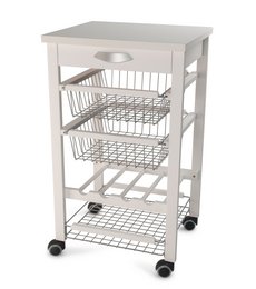 A white kitchen storage cart with a stainless steel top, wire baskets, and casters for mobility. Suitable for storing and organizing kitchen items.