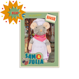 Cuddly plush mouse toy in pink and white outfit, with a bow and apron. Soft, huggable, and suitable for children.