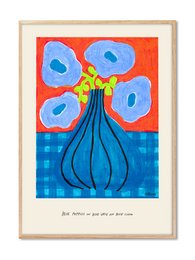 Vibrant blue poppies in a vase against a bright orange background. The abstract floral design features bold colors and shapes, creating a striking and eye-catching poster.