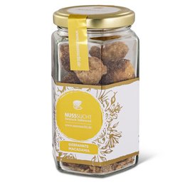 Roasted macadamia nuts in a 100g glass jar. Crunchy, golden-brown nuts with a rich, buttery flavor.