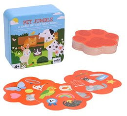 Pet Jumble board game with colorful flower-shaped tiles, animals including dog, cat, rabbit, educational game for children.