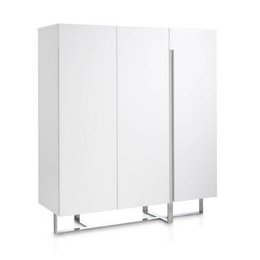 A modern white wooden sideboard with chrome steel accents, providing ample storage space for your living room or dining room.
