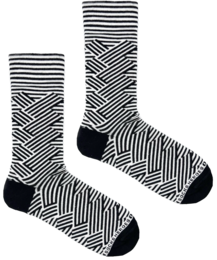 Black and white striped socks with a geometric pattern design.