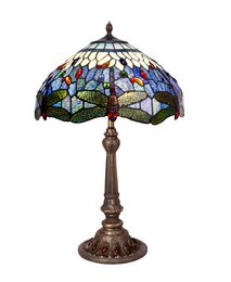 Large table lamp with Tiffany-style glass shade featuring a dragonfly design. The lamp has a diameter of 40cm and is part of the Belle Epoque Series, model LG197522.