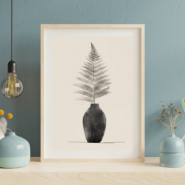 Minimalist boho fern plant in black vase, botanical wall art poster, A4 size, nature illustration