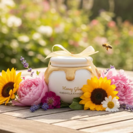  Cream white round jar scented candle, honey gold wax, floral botanical design, handcrafted luxury candle.