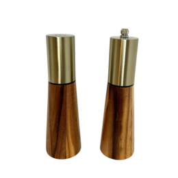  Wooden salt and pepper mill set with brushed metal tops. Made of acacia wood with a natural finish. Cylindrical shape with a tall, slender design.