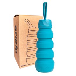  Teal blue reusable water bottle with stacked ring design, made of durable plastic material, suitable for travel and outdoor activities.