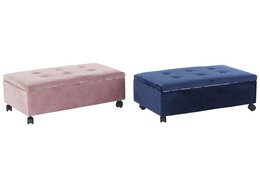 A large, rectangular footstool in a neutral beige color with tufted upholstery and wooden legs. The footstool has a simple, modern design that would complement a variety of home decor styles.