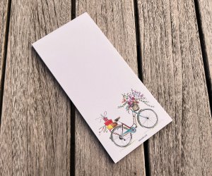 Writing block | Beautiful bike with flowers DIN format (long) 99 x 210 mm | Blank white