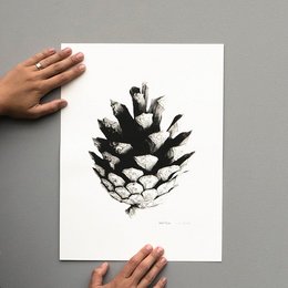 Black and white graphic illustration of a pine cone. The image features a detailed, textured depiction of the pine cone's scales and shape.