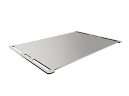 Rectangular stainless steel plancha plate for barbecue grilling with smooth surface and raised edges.