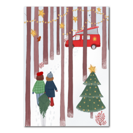 A Christmas card featuring a winter camping scene with a red van, people walking, and a decorated Christmas tree in a snowy forest.