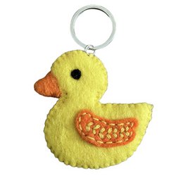  "Yellow wool felt duck keychain with orange details, handmade in Nepal."

The product is a yellow wool felt duck keychain with orange details, handmade in Nepal. The keychain has a round shape and a textured, crocheted appearance. The duck figure has a simple, stylized design with a beak and eye details in orange. This product would be suitable for a semantic search related to 'duck' or 'keychain'.