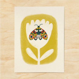 A retro-style illustration depicting a cozy reading nook with a potted plant, books on a shelf, and a turntable playing vinyl records. The scene is set against a vibrant yellow and green patterned rug, creating a warm and inviting atmosphere.