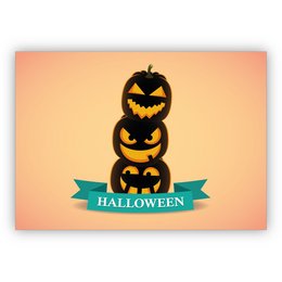 Spooky Halloween greeting card with pumpkins. Features three carved pumpkins in a stack with a "Halloween" banner below.