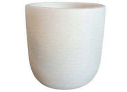A round, white ceramic plant pot made of jute material.