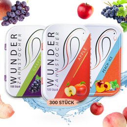 Colorful toothpick box with fruit flavors, including apple and grape. Rectangular shape with text "WUNDER" and flavor descriptions.