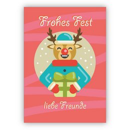 A festive Christmas card with a cheerful reindeer character. The card features the German text "Frohes Fest liebe Freunde" which translates to "Merry Christmas dear friends". The reindeer is wearing a colorful sweater and has a bright red nose.