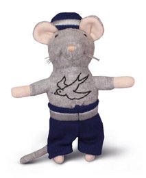 Soft gray mouse doll with sailor hat, navy blue striped sweater and pants, long tail, plush toy