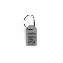 Metal tag keychain with QR code and text "The Luggage Lock"