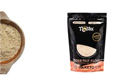 Tiger nut flour, a gluten-free flour made from tiger nuts. Beige powder with a nutty aroma and flavor. Suitable for baking, cooking, and adding to various dishes.