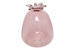  A tall, round glass vase in a soft pink color with a decorative floral topper.
