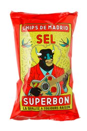 Red and yellow bag of salt crisps, featuring a cartoon character. The crisps appear to be thick-cut and have a crispy texture.