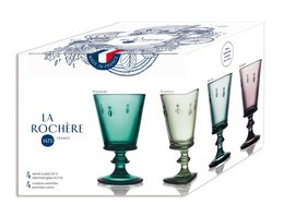 Set of 4 colorful water glasses in a variety of shapes and sizes. Includes glasses in green, clear, and purple tones. Suitable for everyday use or special occasions.