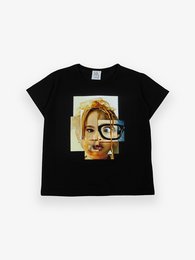 A black t-shirt with a colorful graphic print of a face wearing glasses. The t-shirt is part of the Kids Tops category and is available in sizes ranging from 12-18 months to 8-9 years.
