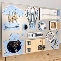 Handcrafted extra small blue and grey busy board with various sensory elements for baby boys, including shapes, textures, and interactive features.