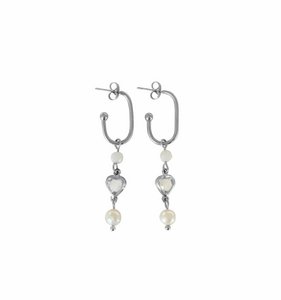 Crystal heart, moonstone and pearl earrings - silver