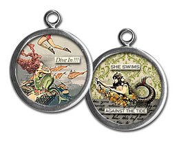 Vintage-inspired pendant with a mermaid design and the text "She swims" against a textured, distressed background.
