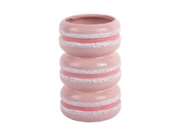 Decorative pink and white ceramic vase with a macaron-like design, suitable for holding flowers or other small items.