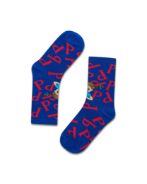 Blue socks with a red and white abstract pattern, suitable for casual or everyday wear.