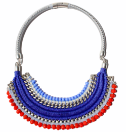 Vibrant blue, red, and silver woven necklace with a bold, statement-making design.